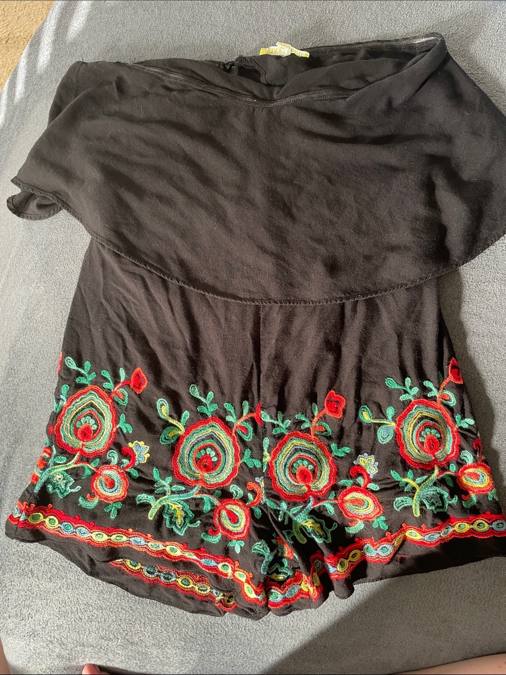 Black Embroidered Strapless Romper with Floral Accents